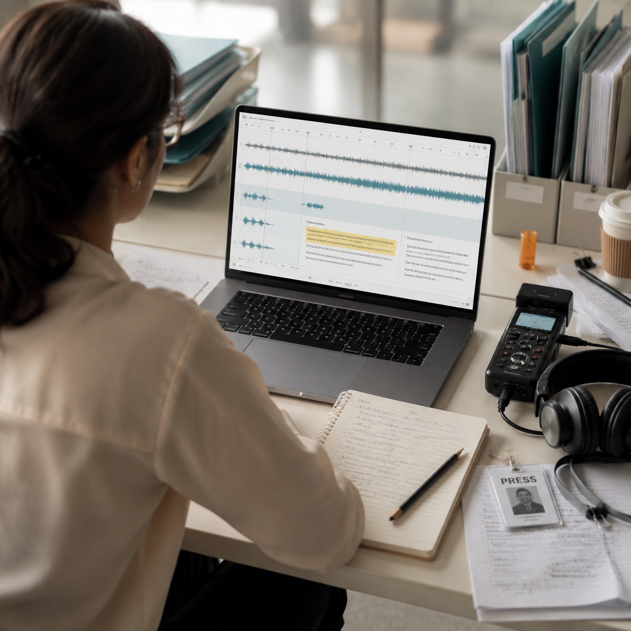 Journalist checking an interview transcript against an audio recording