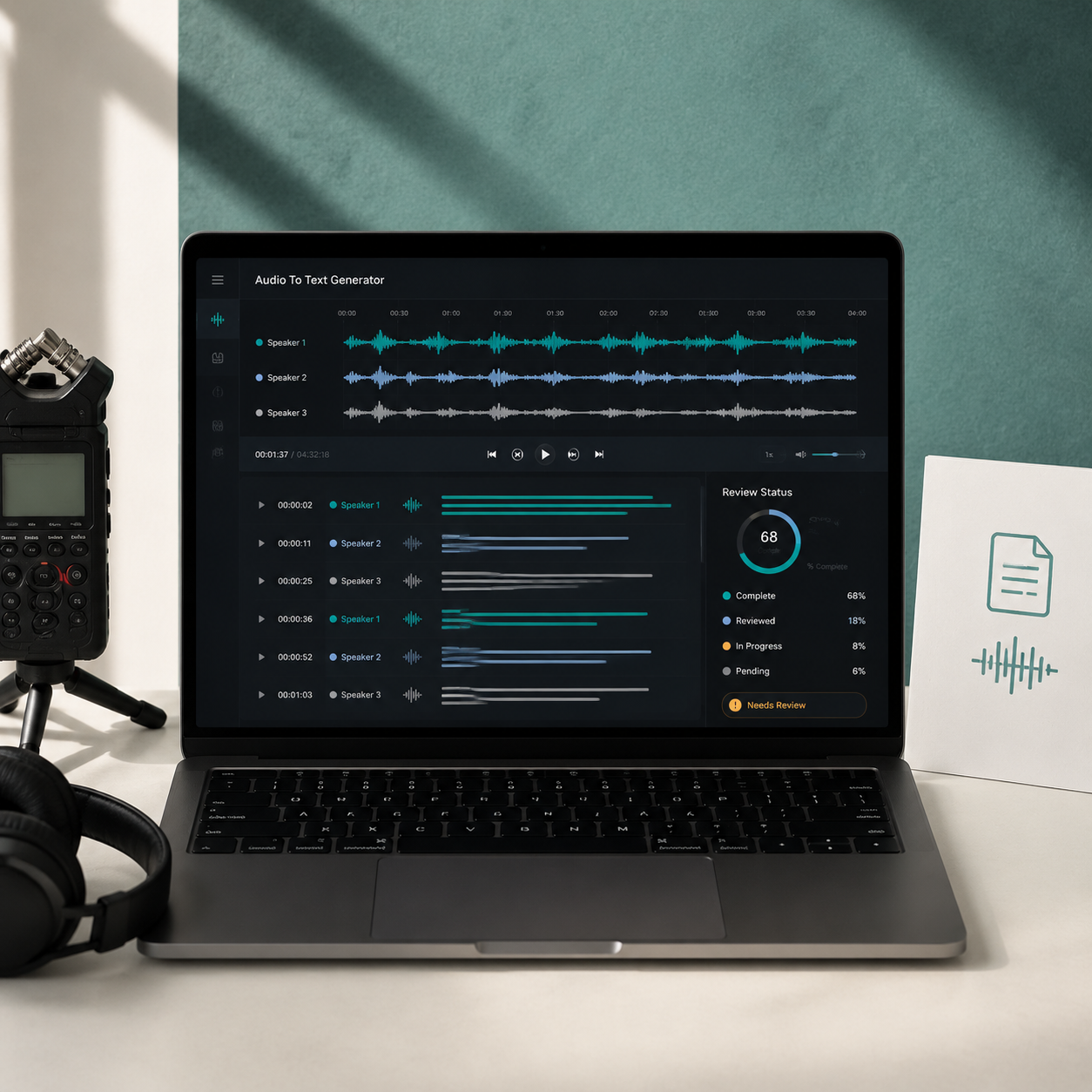 Audio To Text Generator controls for speakers and clean transcription